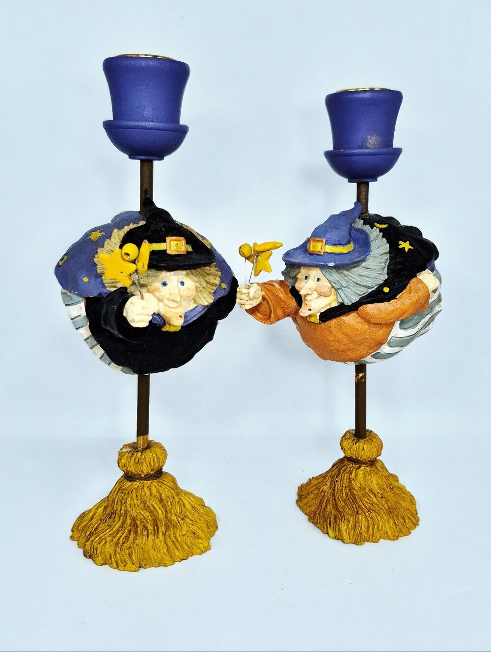 Vintage Whimsical Flying Witch Broomstick Candle Holders - Set of 2 - 9"